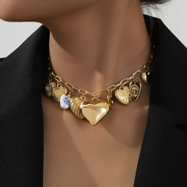Gold Charm Heart Shaped Tassel Blue And White Porcelain Heart Necklaces