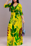Light Blue Floral Print V Neck Half Sleeve Pocket With Belt Lace Up Casual Swing Maxi Dresses