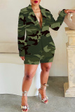 Army Green Graphics Print Turn-back Collar Long Sleeve Buttons Blazer Jackets and Shorts Formal Office Lady Casual Two Pieces Suit Sets