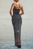 Black Rhinestone Decor Backless Strapless Formal Evening Party Prom Bodycon Tube Maxi Dresses