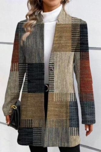 Multicolor Plaid Print Long Sleeve Cardigan Buttons Casual Formal Office Lady Blazer Jackets