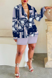Army Green Graphics Print Turn-back Collar Long Sleeve Buttons Blazer Jackets and Shorts Formal Office Lady Casual Two Pieces Suit Sets