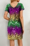 Multicolor Sequins V Neck Short Sleeve Short Sleeve Evening Party Gown Mini T-shirt Dress