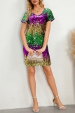 Multicolor Sequins V Neck Short Sleeve Short Sleeve Evening Party Gown Mini T-shirt Dress