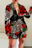 Black Red Graphics Print Turn-back Collar Long Sleeve Buttons Blazer Jackets and Shorts Formal Office Lady Two Pieces Suit Sets