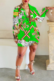 Black Red Graphics Print Turn-back Collar Long Sleeve Buttons Blazer Jackets and Shorts Formal Office Lady Two Pieces Suit Sets