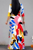 Light Blue Floral Print V Neck Half Sleeve Pocket With Belt Lace Up Casual Swing Maxi Dresses