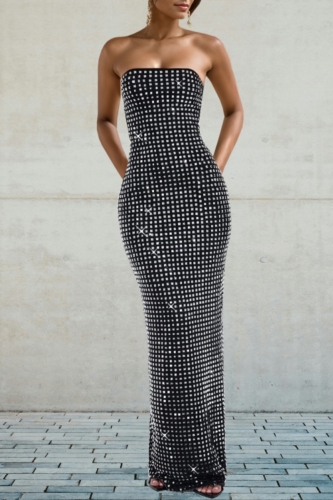 Black Rhinestone Decor Backless Strapless Formal Evening Party Prom Bodycon Tube Maxi Dresses