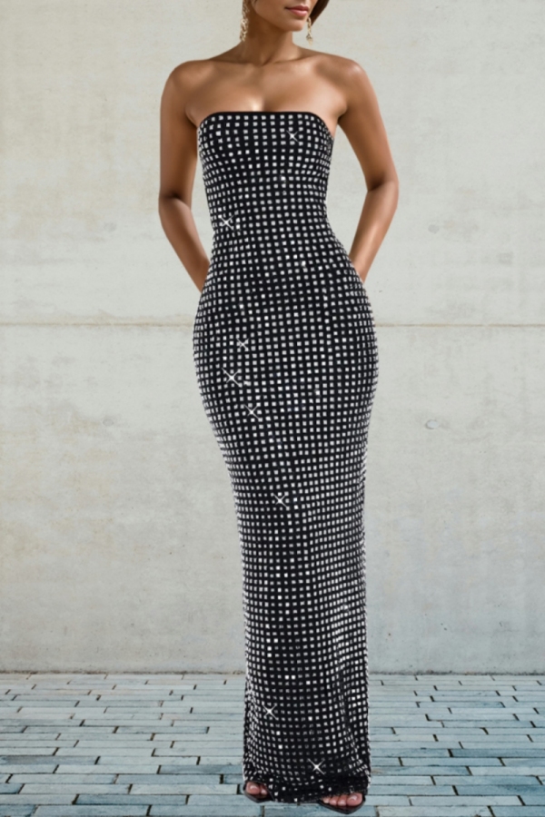 Black Rhinestone Decor Backless Strapless Formal Evening Party Prom Bodycon Tube Maxi Dresses