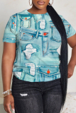 Multicolor Faux Denim Print O Neck Short Sleeve Casual Oversize T Shirt