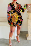 Black Red Graphics Print Turn-back Collar Long Sleeve Buttons Blazer Jackets and Shorts Formal Office Lady Two Pieces Suit Sets
