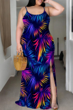 Red Blue Leaf Print Backless Spaghetti Strap Slit Floor Length Vacation Baggy Sundress Slip Maxi Dress