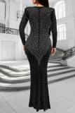 Black Rhinestone O Neck Long Sleeve See-Through Formal Evening Party Prom Bodycon Maxi Dresses