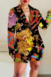 Black Red Graphics Print Turn-back Collar Long Sleeve Buttons Blazer Jackets and Shorts Formal Office Lady Two Pieces Suit Sets