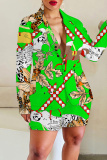 Black Red Graphics Print Turn-back Collar Long Sleeve Buttons Blazer Jackets and Shorts Formal Office Lady Two Pieces Suit Sets