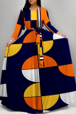Blue Purple Floral Print Lace Up Belted Long Sleeve O Neck Casual Swing Maxi Dresses