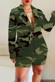 Army Green Graphics Print Turn-back Collar Long Sleeve Buttons Blazer Jackets and Shorts Formal Office Lady Casual Two Pieces Suit Sets
