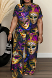 Purple Green African Graphics Print O Neck Short Sleeve Oversize T-shirt And Wide Leg Pants Casual Two Pieces Trouser Sets