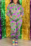 Purple Green Casual African Graphics Print Zipper Hooded Long Sleeve Sweatshirt And Sweatpants Sportwear Two Pieces Jogger Sets