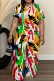 Blue White Graphics Print O Neck Short Sleeve Oversize T-shirt And Wide Leg Pants Casual Two Pieces Trouser Sets
