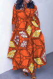 Tan Casual Graphics Print O Neck 3/4 Sleeve Belted Pockets Long Vacation Pleated Maxi Dresses