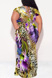Beige Leopard Snakeskin Print Short Sleeve V Neck Strap Design Lace Up Plus Size Loose Casual Vacation Maxi Dresses