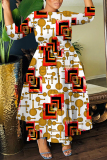 Khaki Casual Graphics Print O Neck 3/4 Sleeve Belted Pockets Long Vacation Pleated Maxi Dresses