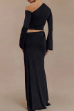 Black Oblique Collar Off-Shoulder Flare Sleeve Crop Tops And Maxi Skirt Two Pieces Dress Sets