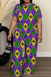 Purple Green African Graphics Print O Neck Short Sleeve Oversize T-shirt And Wide Leg Pants Casual Two Pieces Trouser Sets