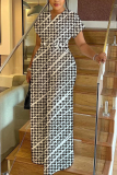 White Black Graphics Print V Neck Short Sleeve Casual Vacation Wide Leg Jumpsuits