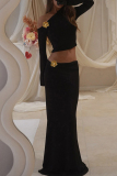 Black Oblique Collar Off-Shoulder Flare Sleeve Crop Tops And Maxi Skirt Two Pieces Dress Sets