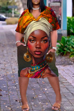 Gray Blue African Figure Print V Neck Short Sleeve Pockets Casual Outing Midi T-shirt Dress