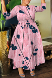 Khaki Casual Graphics Print O Neck 3/4 Sleeve Belted Pockets Long Vacation Pleated Maxi Dresses