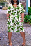 Dark Brown Floral Print V Neck Short Sleeve Pockets Casual Outing Midi T-shirt Dress