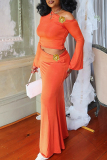 Black Oblique Collar Off-Shoulder Flare Sleeve Crop Tops And Maxi Skirt Two Pieces Dress Sets