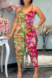 Rose Red Graphics Print Sleeveless Backless Daily Vacation Loose Cami Harem Jumpsuit