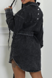 Blue Turndown Collar Long Sleeve Casual Pocket Buckle Denim Jacket
