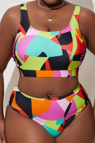 Color Graphics Print Sleeveless U Neck Bikini Swimsuit Sets Plus Size Beach Vacation Swimwear