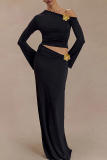 Black Oblique Collar Off-Shoulder Flare Sleeve Crop Tops And Maxi Skirt Two Pieces Dress Sets