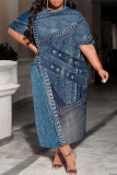 Dark Blue Faux Denim Print O Neck Short Sleeve Pocket Casual Loose Plus Size Maxi T-shirt Dresses