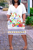 White Floral Print V Neck Short Sleeve Pockets Casual Outing Midi T-shirt Dress