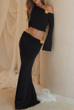 Black Oblique Collar Off-Shoulder Flare Sleeve Crop Tops And Maxi Skirt Two Pieces Dress Sets
