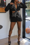 Black Sequins Rhinestone Decor Turn-back Collar Long Sleeve Cut-Out Button-Down Casual Blazer Jackets