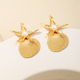 Glod Starfish Shell Pearls Decor Earrings