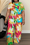 Blue White Graphics Print O Neck Short Sleeve Oversize T-shirt And Wide Leg Pants Casual Two Pieces Trouser Sets