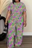 Purple Green African Graphics Print O Neck Short Sleeve Oversize T-shirt And Wide Leg Pants Casual Two Pieces Trouser Sets