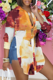 Multicolor Casual Graphics Print Long Sleeve Buttons Slit Turndown Collar Blouse Shirt Tops