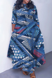 Tan Casual Graphics Print O Neck 3/4 Sleeve Belted Pockets Long Vacation Pleated Maxi Dresses