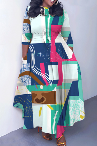 Tan Casual Graphics Print O Neck 3/4 Sleeve Belted Pockets Long Vacation Pleated Maxi Dresses