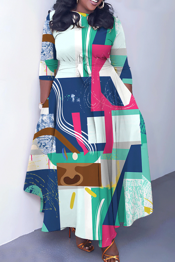 Tan Casual Graphics Print O Neck 3/4 Sleeve Belted Pockets Long Vacation Pleated Maxi Dresses